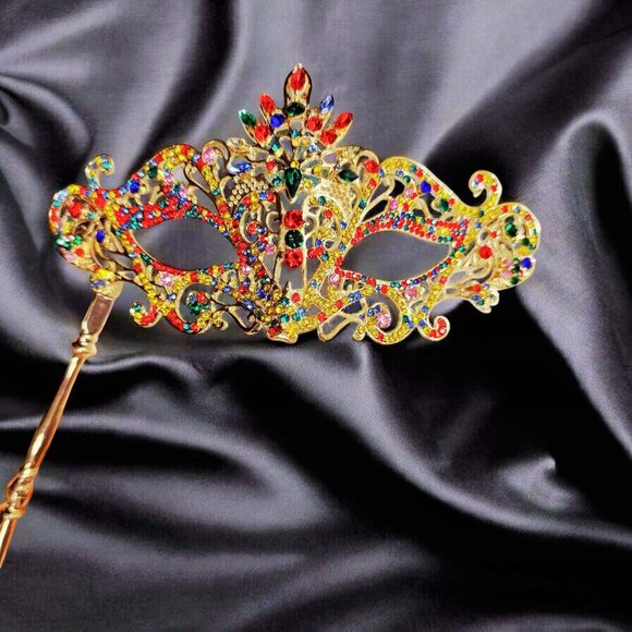Rainbow Masquerade Mask, Crystal Handheld Mask, Gold Mask, Prom Mask, Pride Mask - Picture 9 of 9